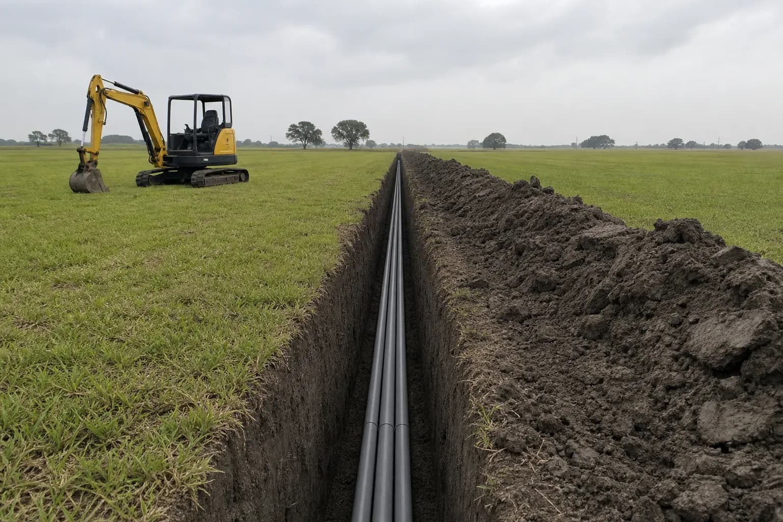 Long straight trench with four gray conduits in dark Houston clay, a mini excavator parked idle beside it
